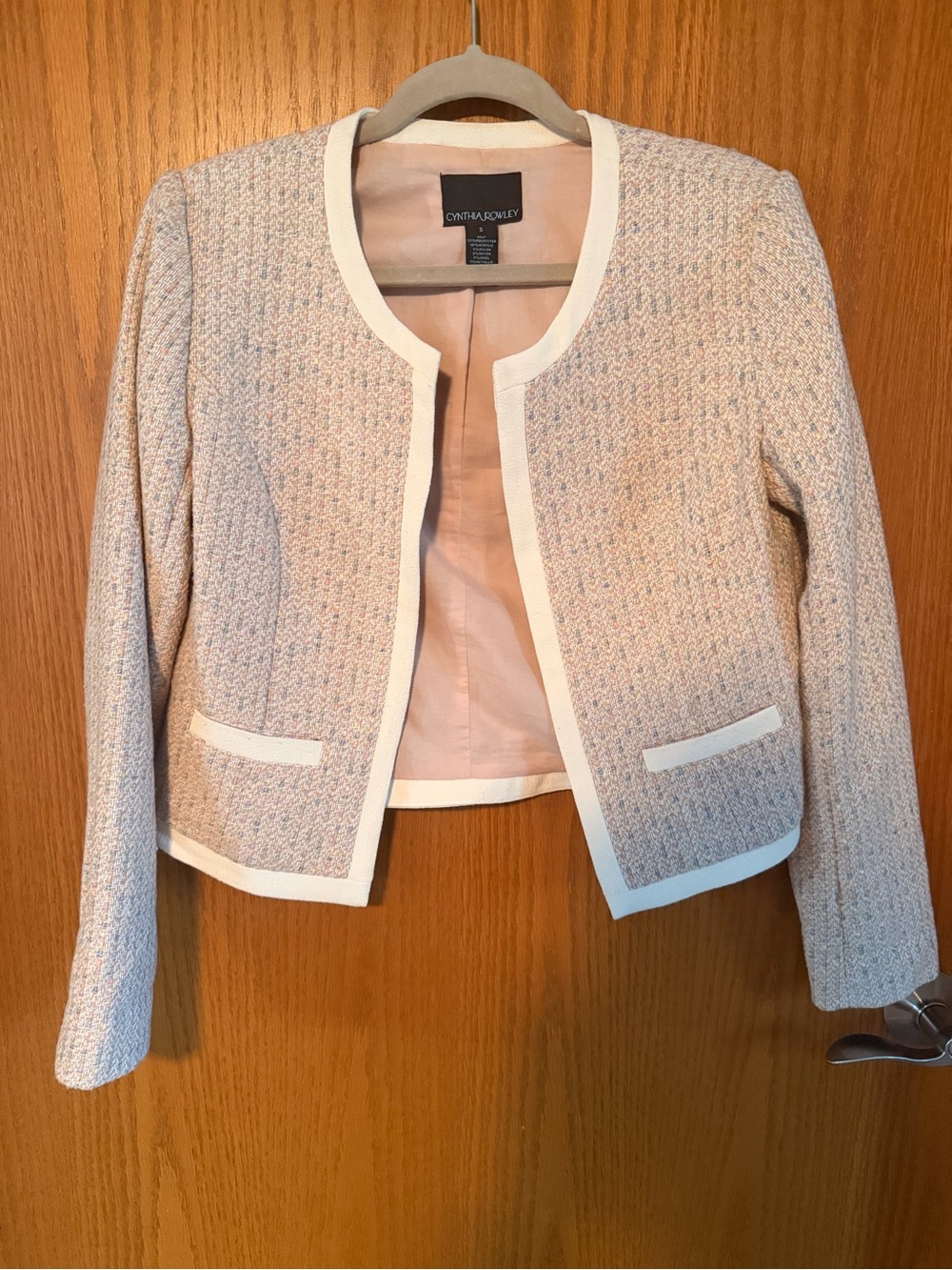 Cynthia Rowley Light Pink Tweed Collarless Jacket with White Trim